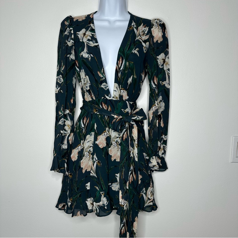 Reformation Whitby Mini Dress Green Floral Wrap Size XS